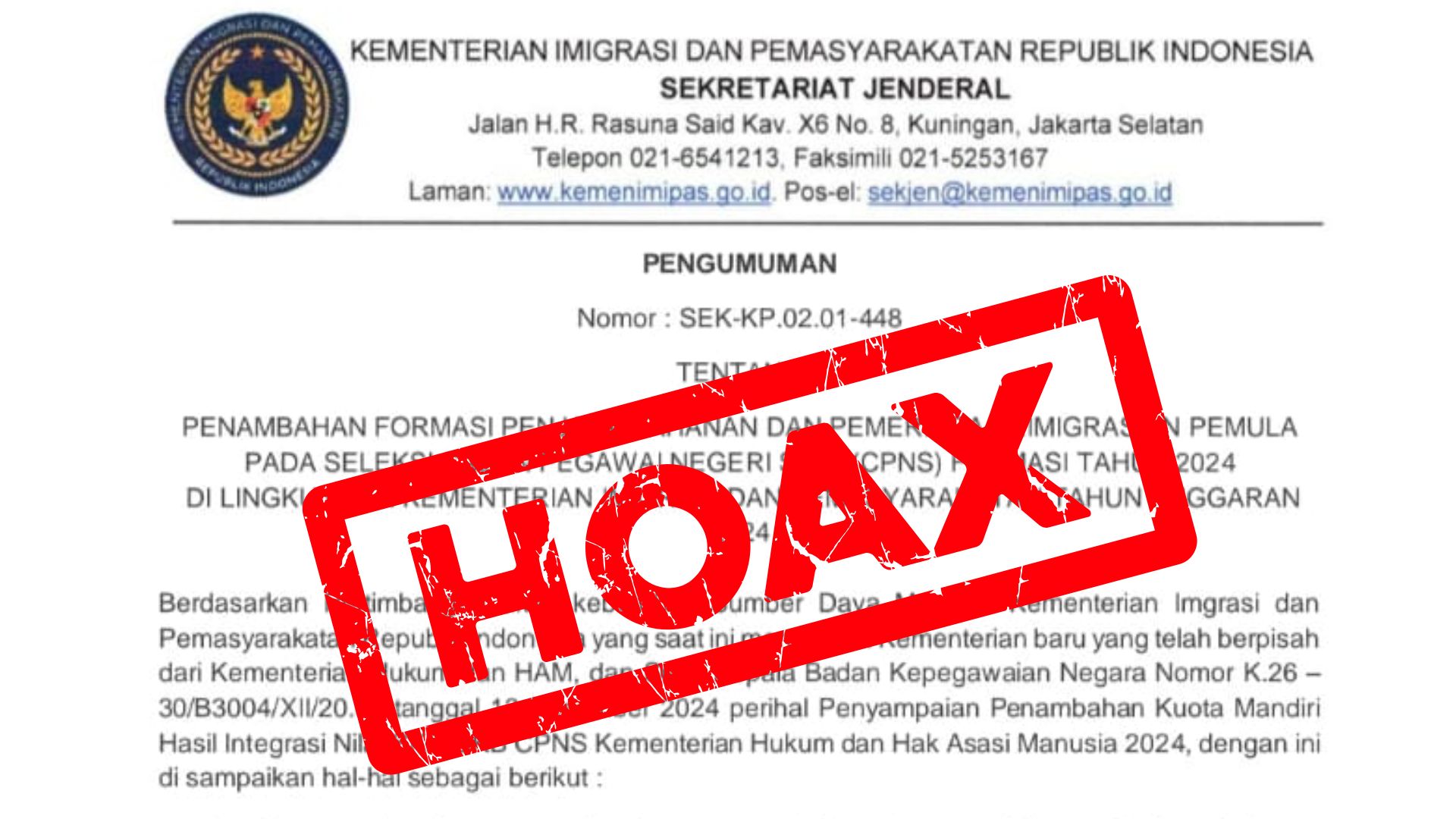 [HOAKS] Penambahan Formasi Penjaga Tahanan dan Pemeriksa Keimigrasian Pemula pada Seleksi CPNS Formasi Tahun 2024 di Lingkungan Kemenimipas Tahun Anggaran 2024